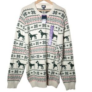 Lands' End Sweater Mens 2XL 50-52 Cream Fair Isle Stretch Dog Pullover NWT